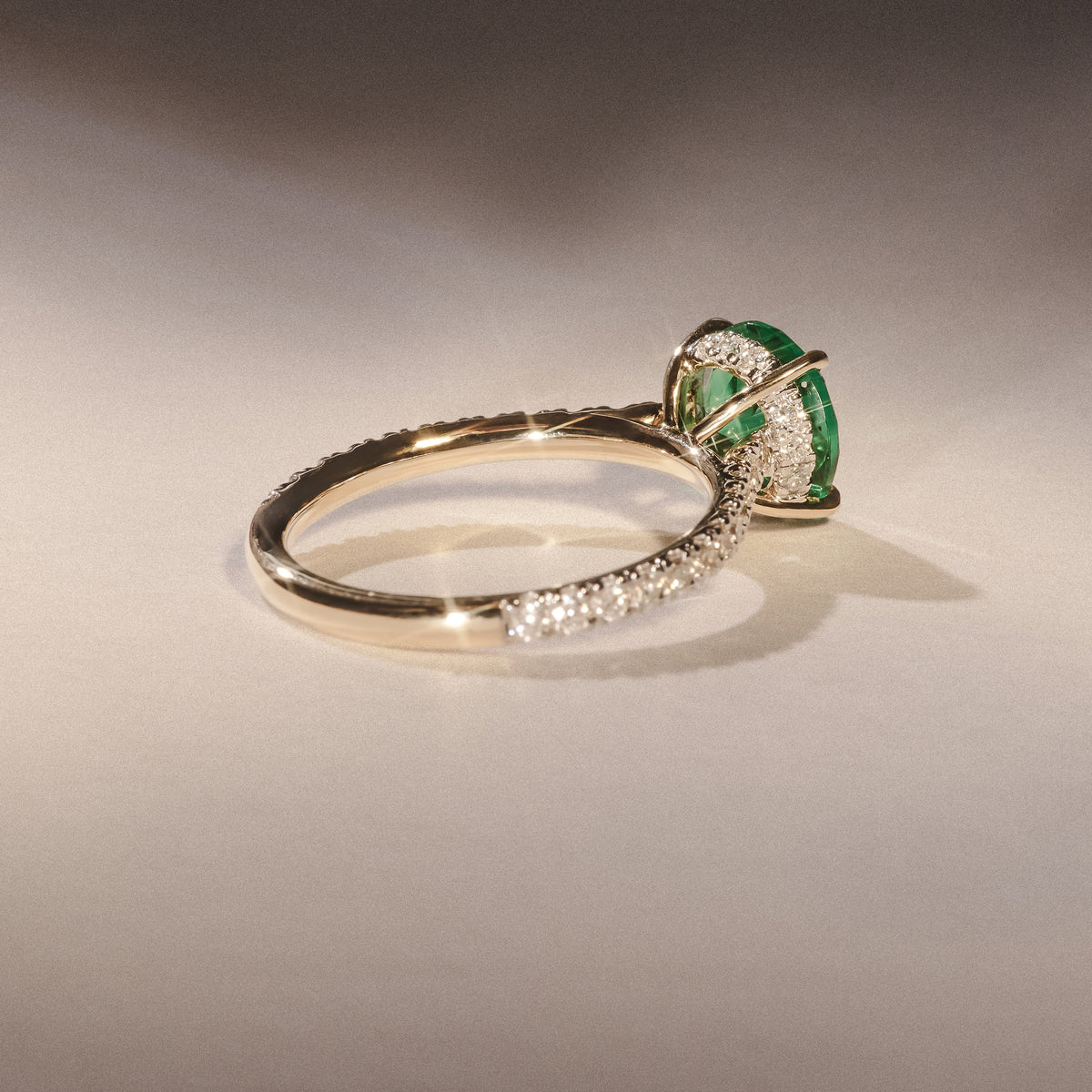 Amora Gem 2.00ct Round Cut Lab Emerald Hidden Halo Engagement Ring with Side Stones in 18K Yellow Gold