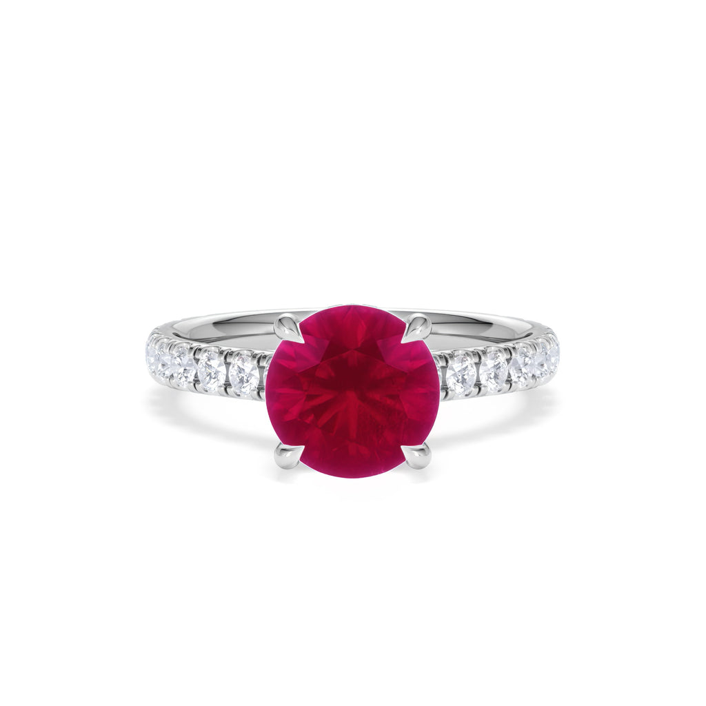 Amora 2.00ct Round Cut Lab Ruby Hidden Halo Engagement Ring with Side Stones in 18K White Gold