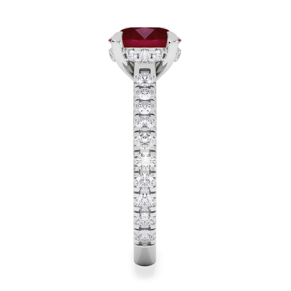 Amora Gem 2.00ct Round Cut Lab Ruby Hidden Halo Engagement Ring with Side Stones in 18K White Gold