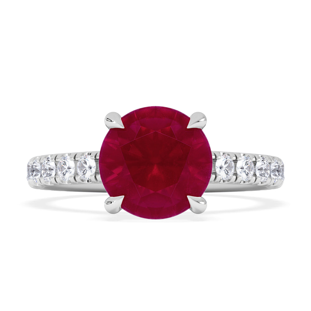 Amora Gem 2.00ct Round Cut Lab Ruby Hidden Halo Engagement Ring with Side Stones in 18K White Gold