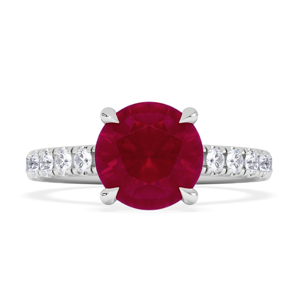 Amora Gem 2.00ct Round Cut Lab Ruby Hidden Halo Engagement Ring with Side Stones in 18K White Gold