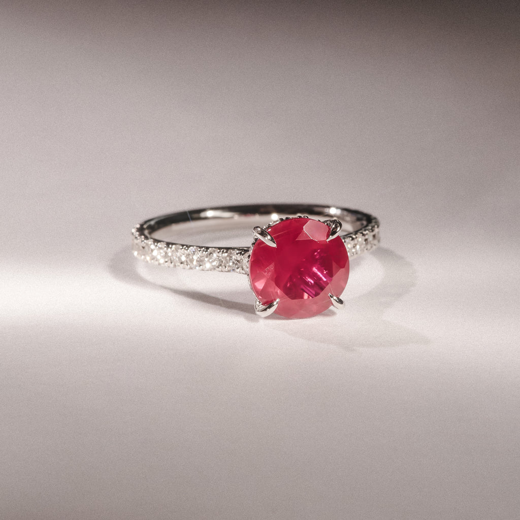 Amora Gem 2.00ct Round Cut Lab Ruby Hidden Halo Engagement Ring with Side Stones in 18K White Gold