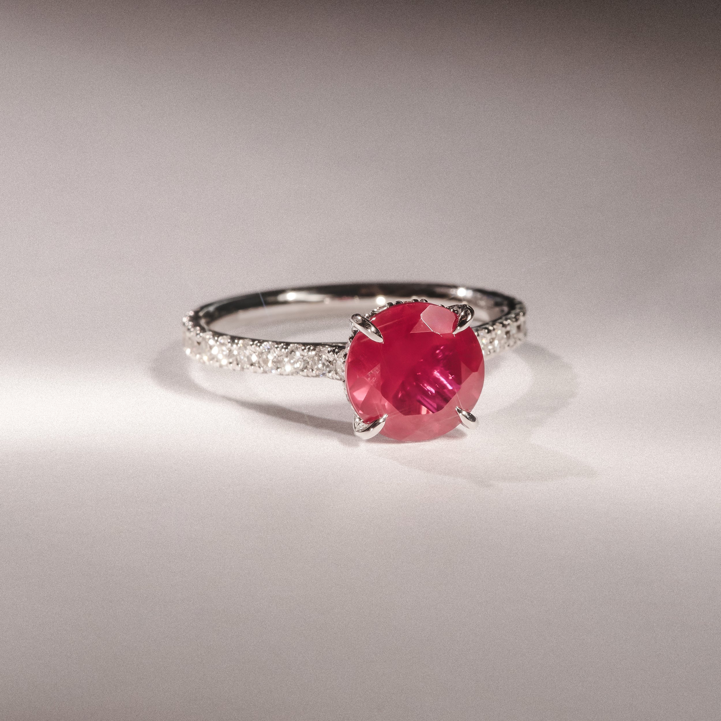 Amora Gem 2.00ct Round Cut Lab Ruby Hidden Halo Engagement Ring with Side Stones in 18K White Gold