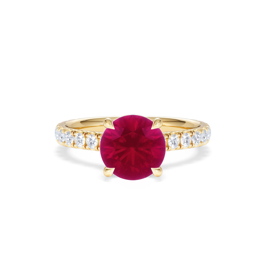 Amora 2.00ct Round Cut Lab Ruby Hidden Halo Engagement Ring with Side Stones in 18K Yellow Gold