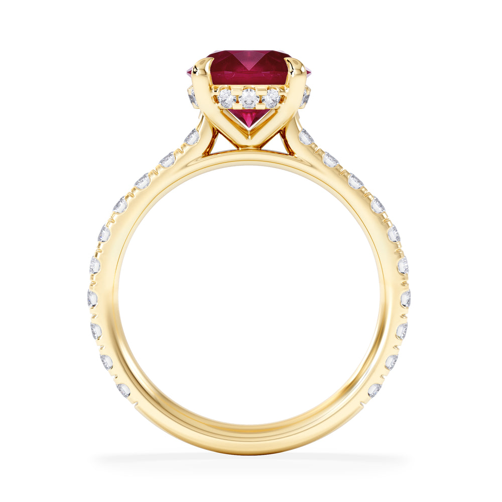 Amora Gem 2.00ct Round Cut Lab Ruby Hidden Halo Engagement Ring with Side Stones in 18K Yellow Gold