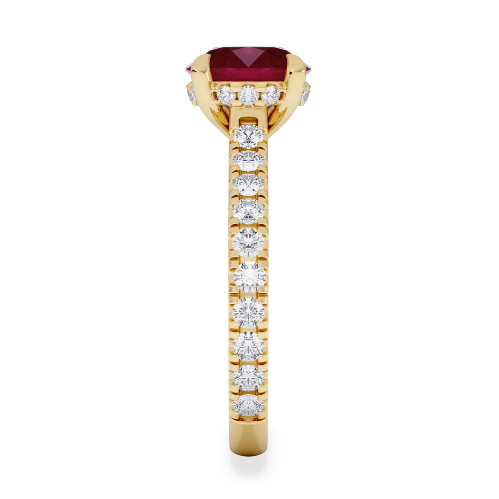 Amora Gem 2.00ct Round Cut Lab Ruby Hidden Halo Engagement Ring with Side Stones in 18K Yellow Gold