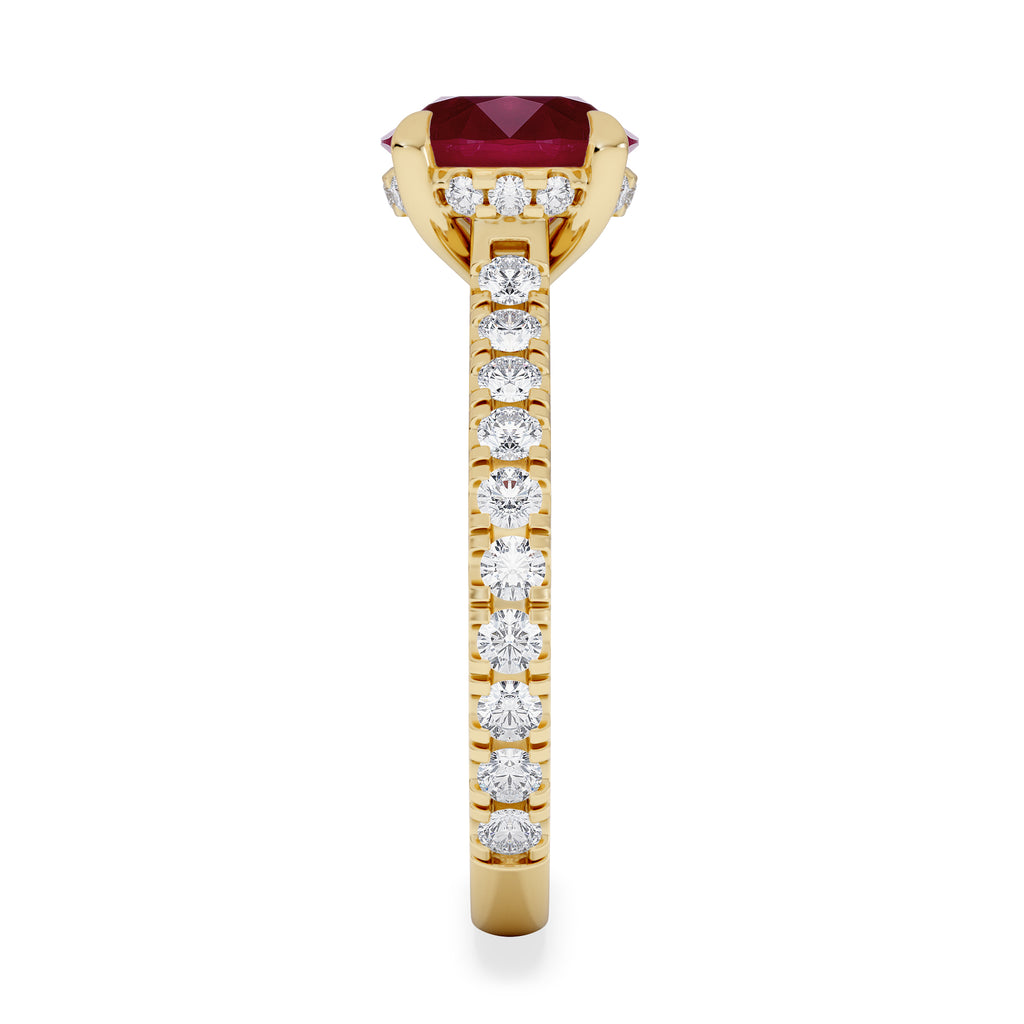 Amora Gem 2.00ct Round Cut Lab Ruby Hidden Halo Engagement Ring with Side Stones in 18K Yellow Gold