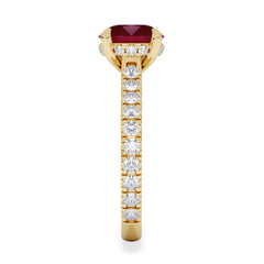 Amora Gem 2.00ct Round Cut Lab Ruby Hidden Halo Engagement Ring with Side Stones in 18K Yellow Gold