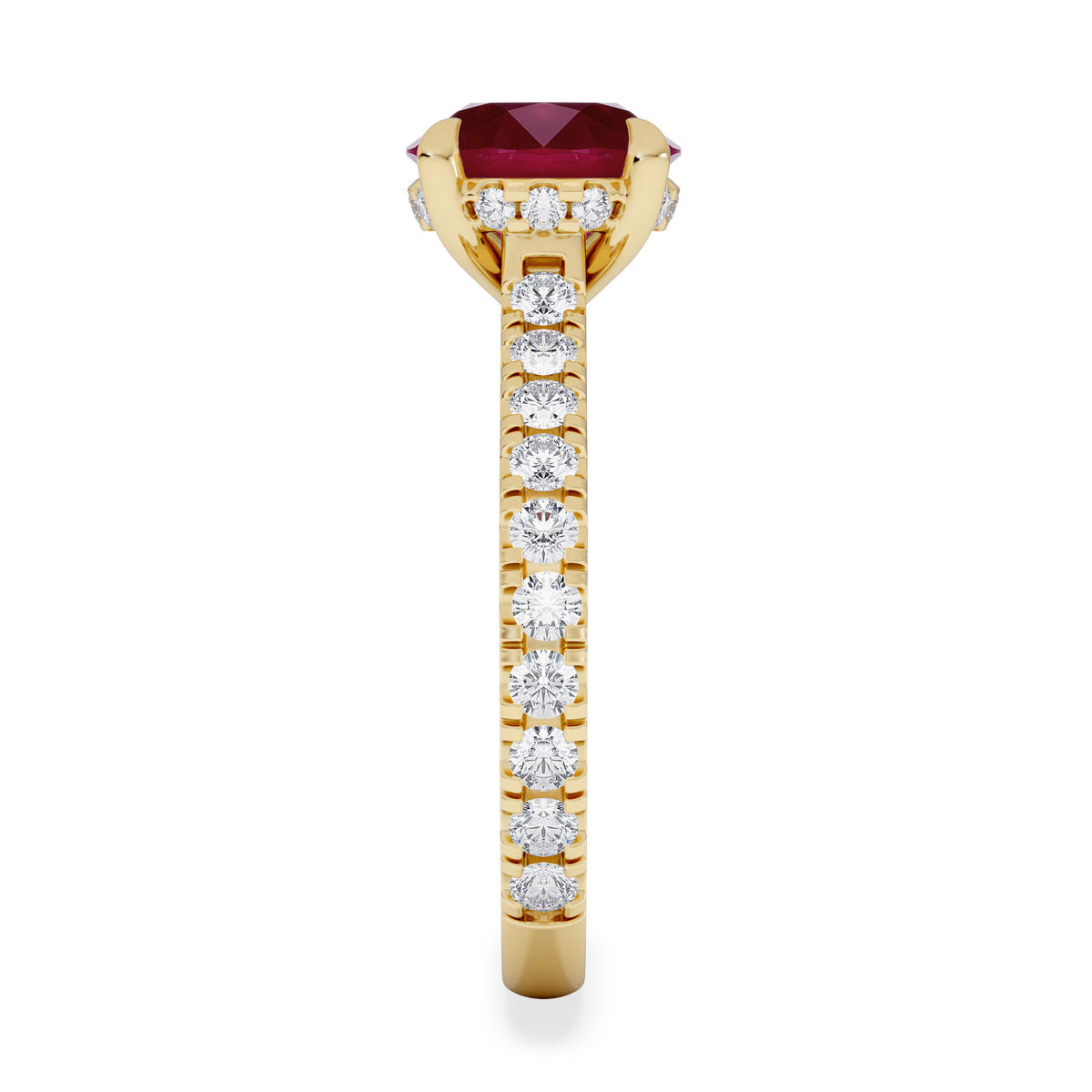 Amora Gem 2.00ct Round Cut Lab Ruby Hidden Halo Engagement Ring with Side Stones in 18K Yellow Gold