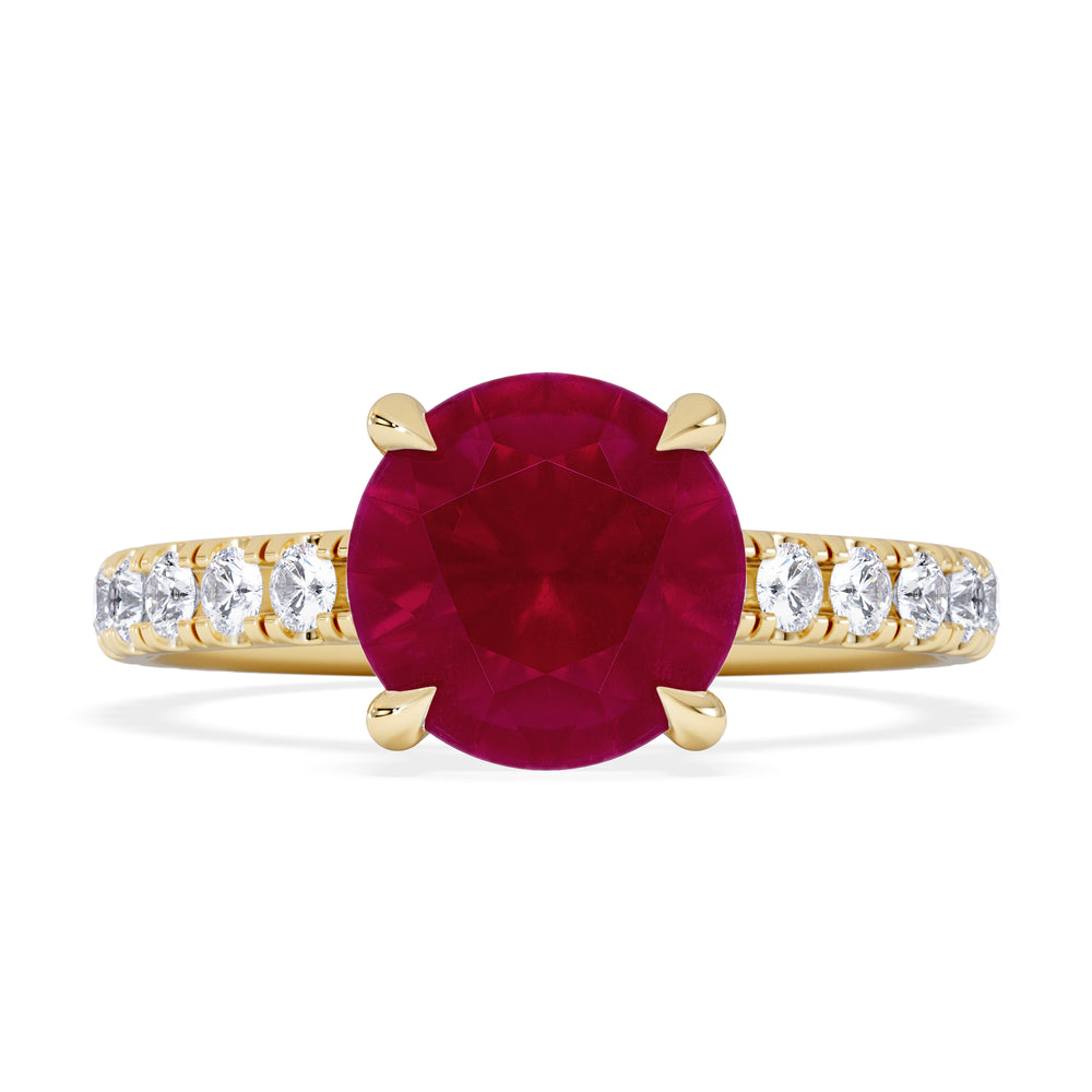 Amora Gem 2.00ct Round Cut Lab Ruby Hidden Halo Engagement Ring with Side Stones in 18K Yellow Gold