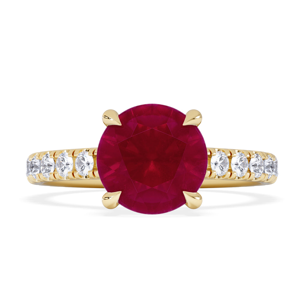 Amora Gem 2.00ct Round Cut Lab Ruby Hidden Halo Engagement Ring with Side Stones in 18K Yellow Gold