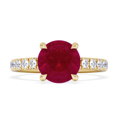 Amora Gem 2.00ct Round Cut Lab Ruby Hidden Halo Engagement Ring with Side Stones in 18K Yellow Gold