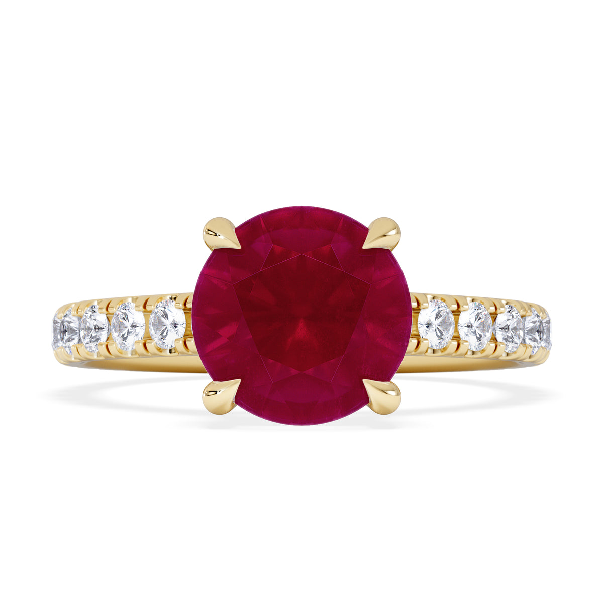 Amora Gem 2.00ct Round Cut Lab Ruby Hidden Halo Engagement Ring with Side Stones in 18K Yellow Gold