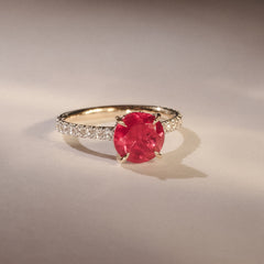 Amora Gem 2.00ct Round Cut Lab Ruby Hidden Halo Engagement Ring with Side Stones in 18K Yellow Gold
