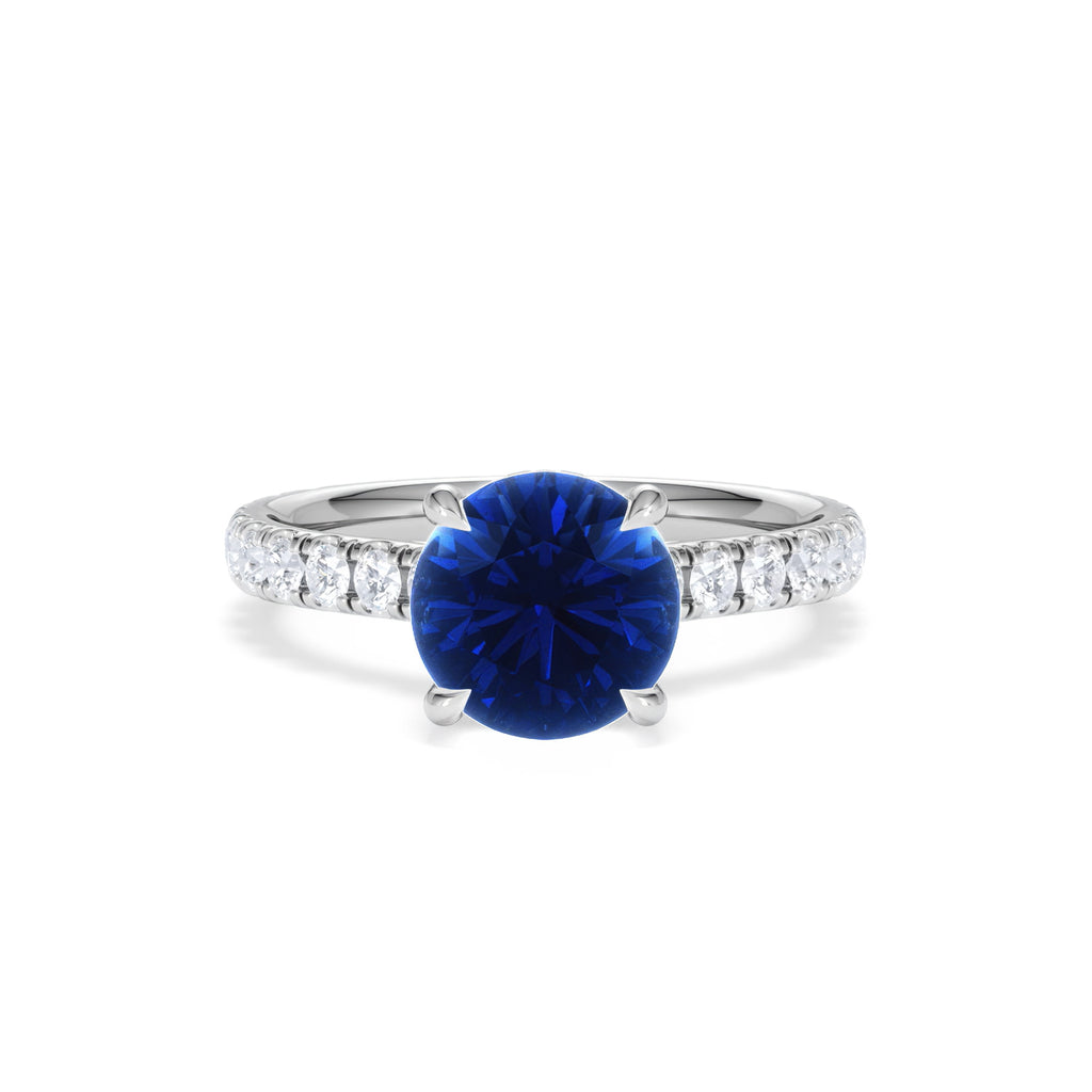 Amora 2.00ct Round Cut Lab Sapphire Hidden Halo Engagement Ring with Side Stones in 18K White Gold