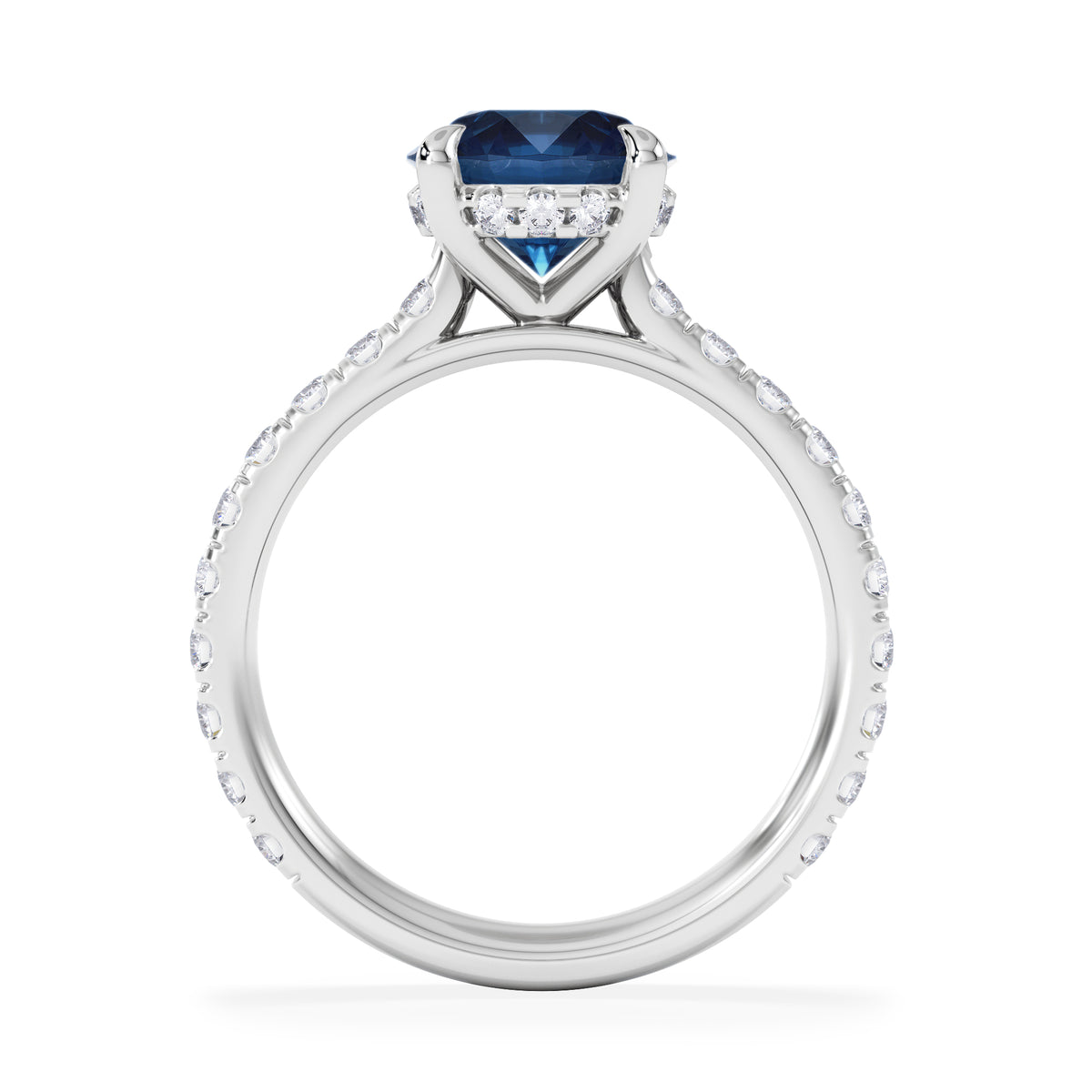 Amora Gem 2.00ct Round Cut Lab Sapphire Hidden Halo Engagement Ring with Side Stones in 18K White Gold