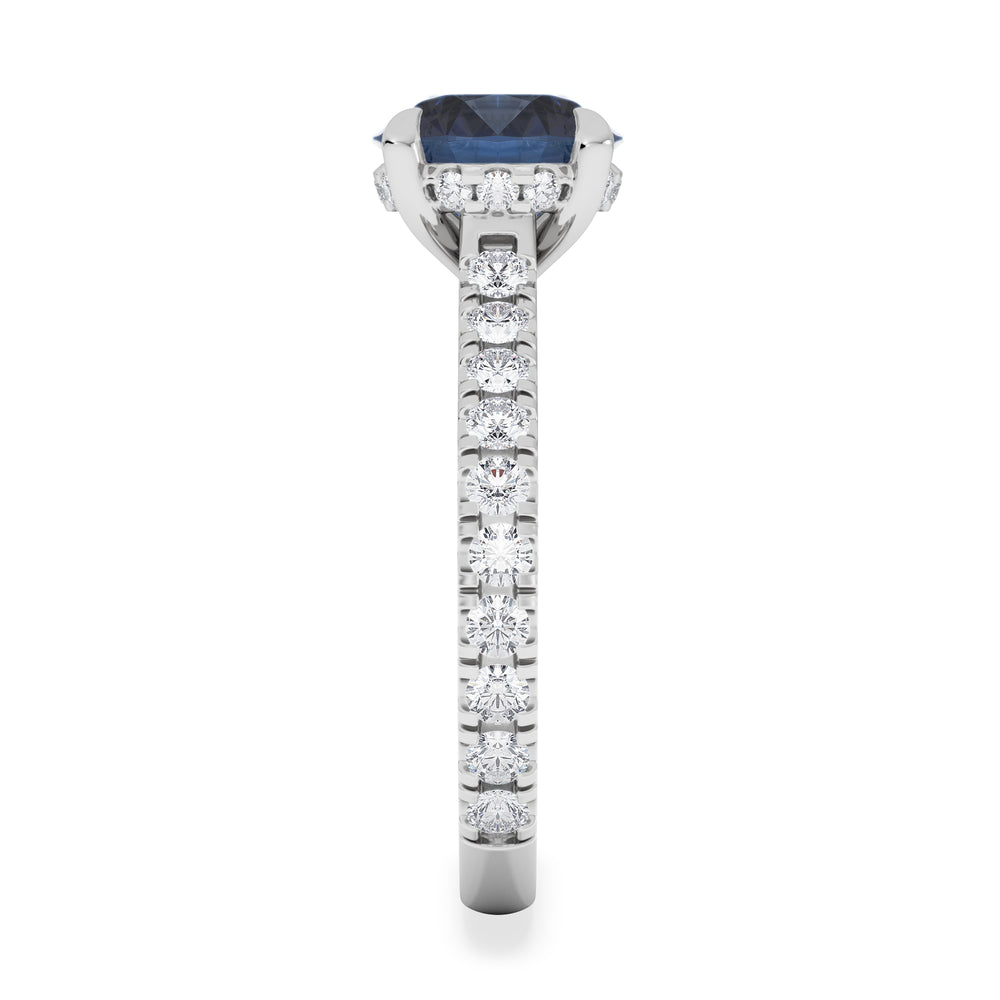 Amora Gem 2.00ct Round Cut Lab Sapphire Hidden Halo Engagement Ring with Side Stones in 18K White Gold
