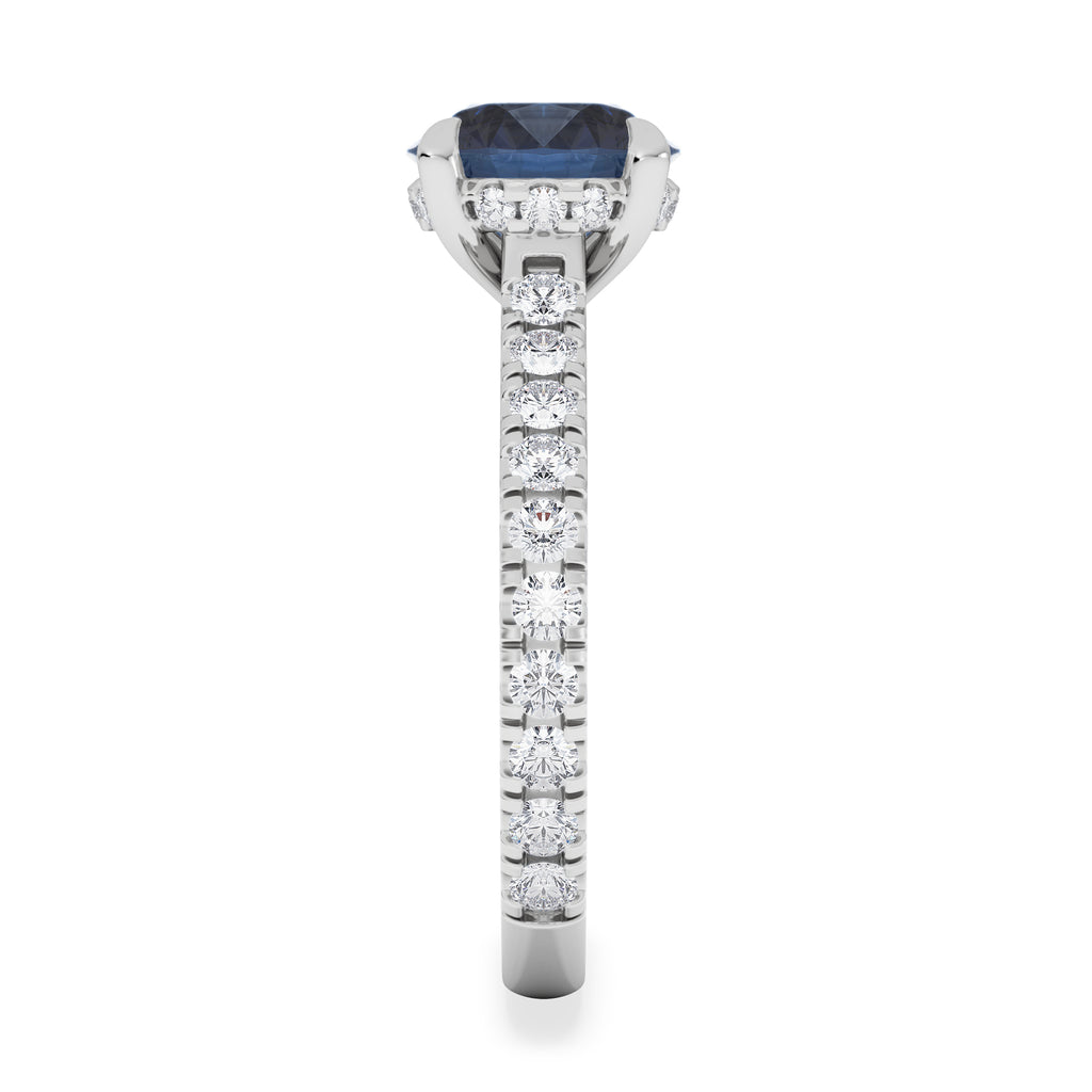 Amora Gem 2.00ct Round Cut Lab Sapphire Hidden Halo Engagement Ring with Side Stones in 18K White Gold