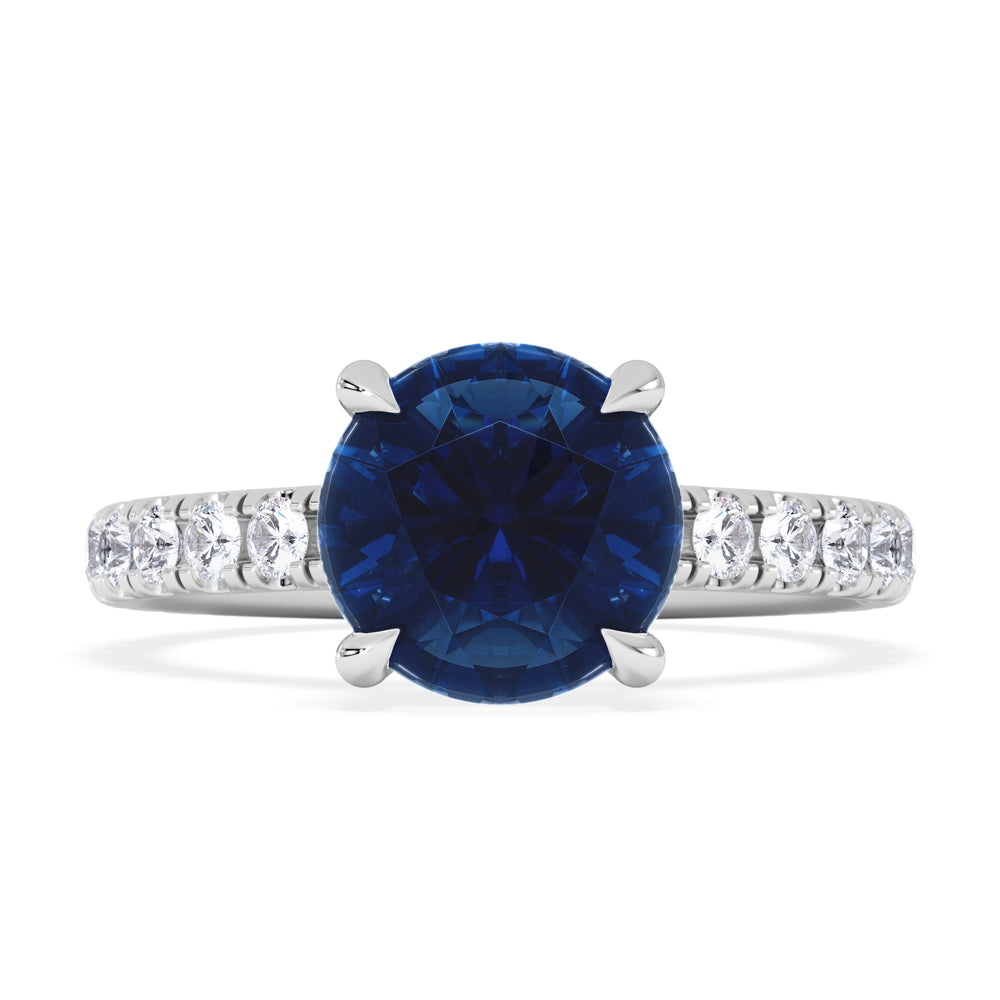 Amora Gem 2.00ct Round Cut Lab Sapphire Hidden Halo Engagement Ring with Side Stones in 18K White Gold