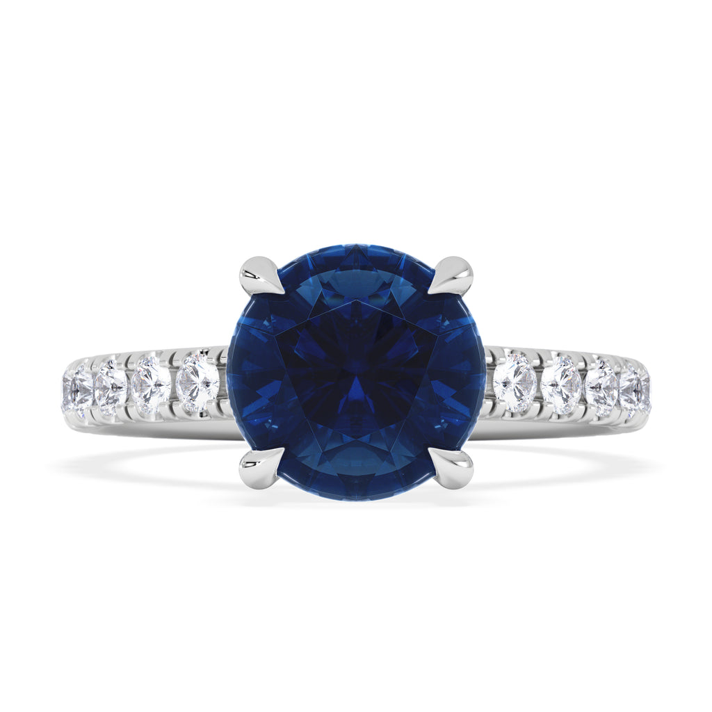 Amora Gem 2.00ct Round Cut Lab Sapphire Hidden Halo Engagement Ring with Side Stones in 18K White Gold