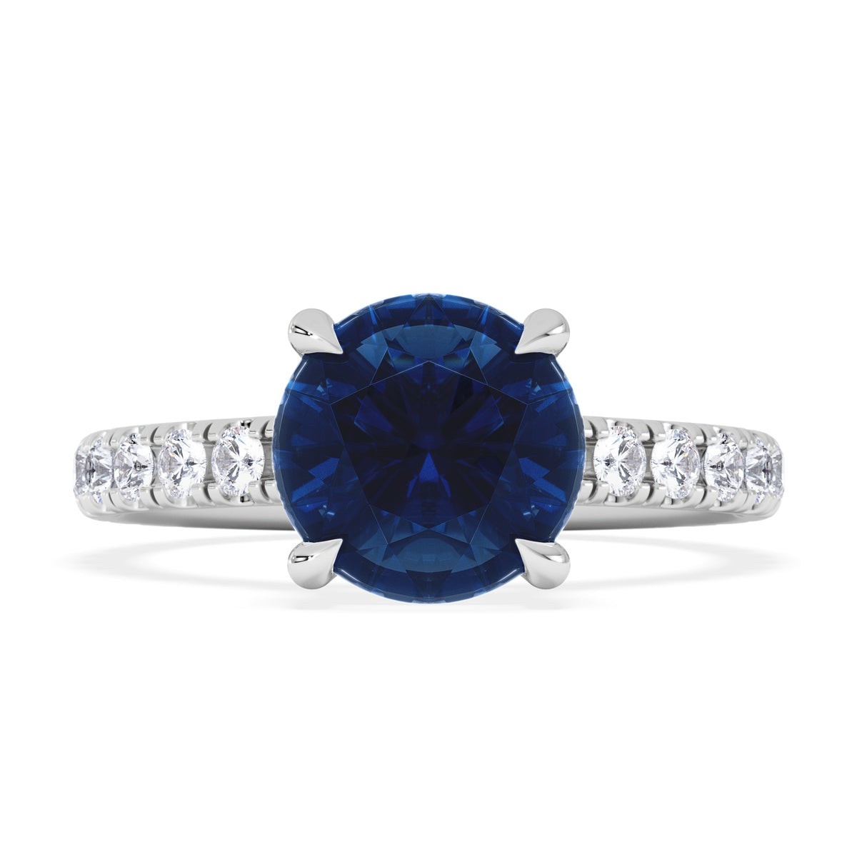 Amora Gem 2.00ct Round Cut Lab Sapphire Hidden Halo Engagement Ring with Side Stones in 18K White Gold