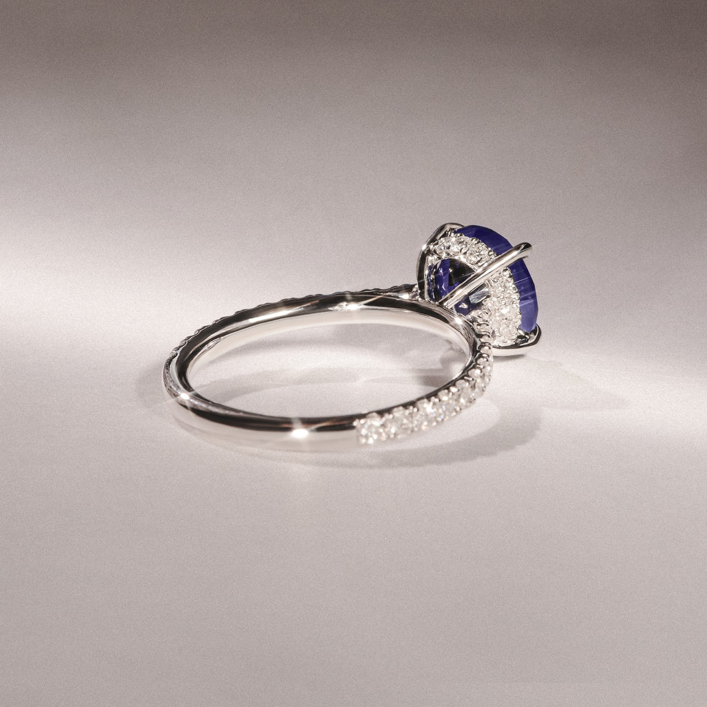 Amora Gem 2.00ct Round Cut Lab Sapphire Hidden Halo Engagement Ring with Side Stones in 18K White Gold
