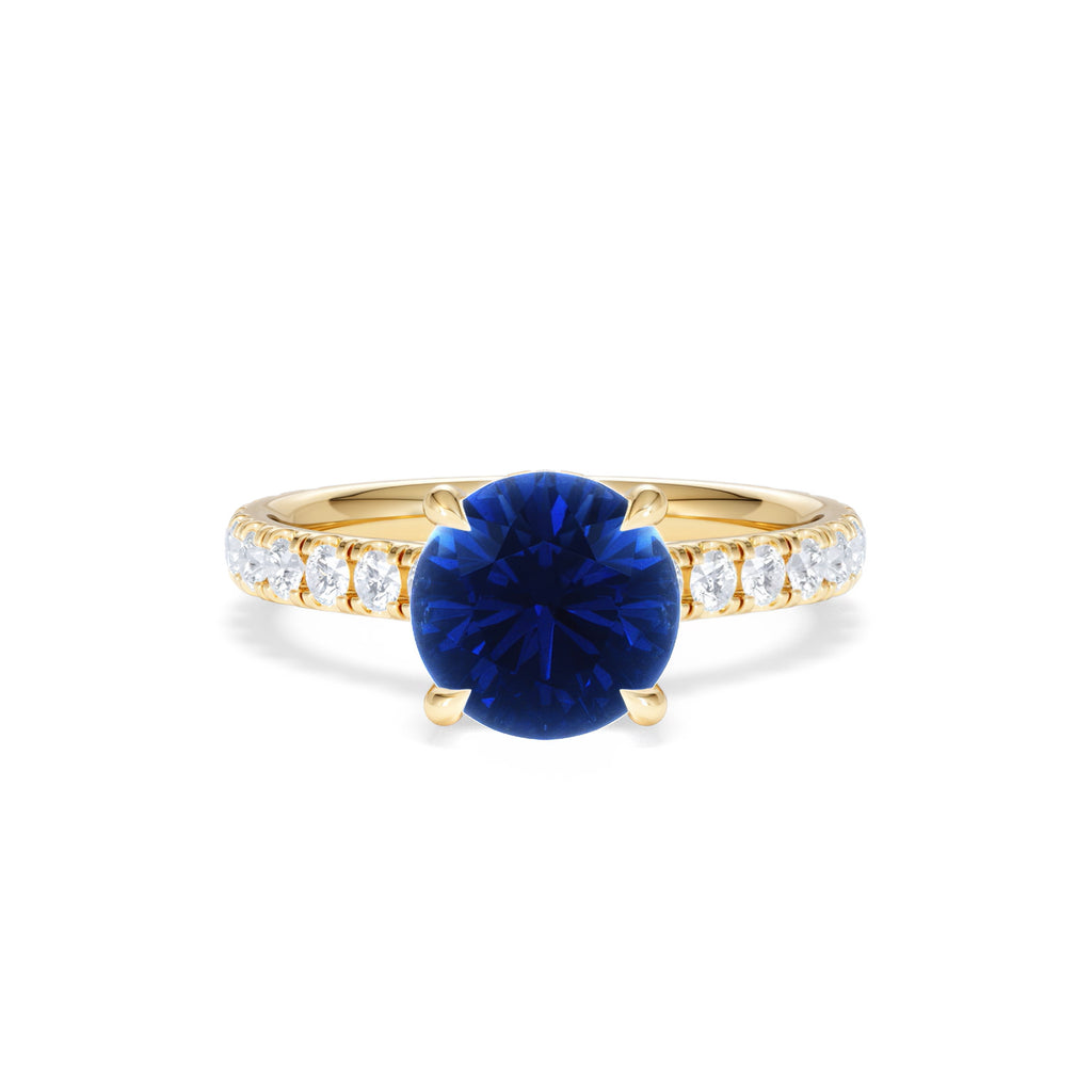 Amora 2.00ct Round Cut Lab Sapphire Hidden Halo Engagement Ring in with Side Stones 18K Yellow Gold