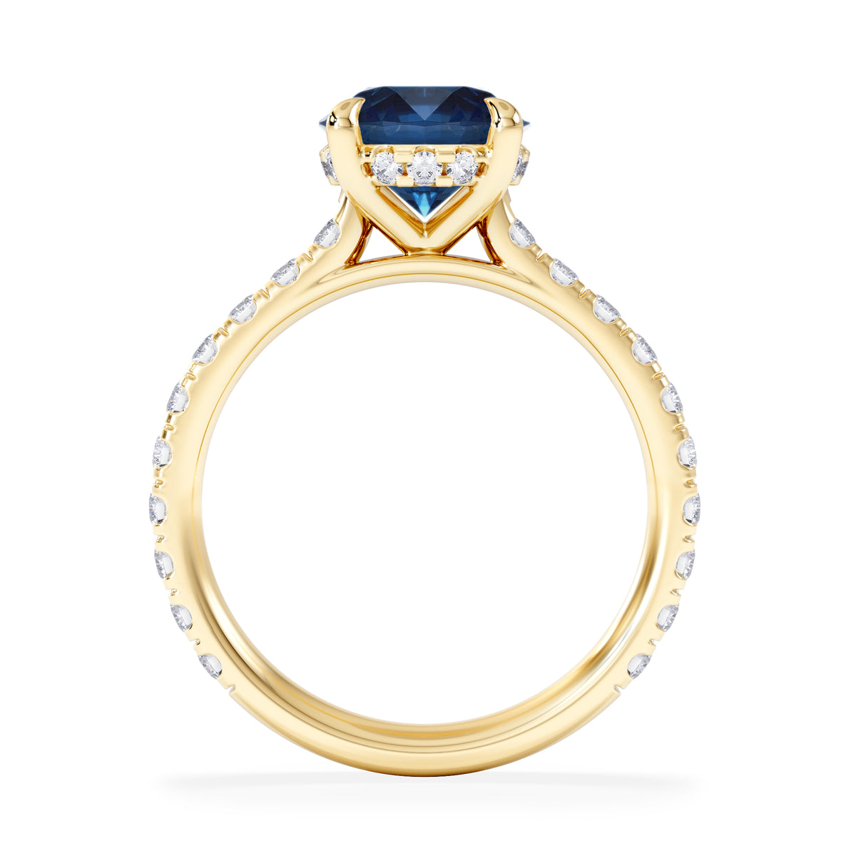 Amora Gem 2.00ct Round Cut Lab Sapphire Hidden Halo Engagement Ring in with Side Stones 18K Yellow Gold