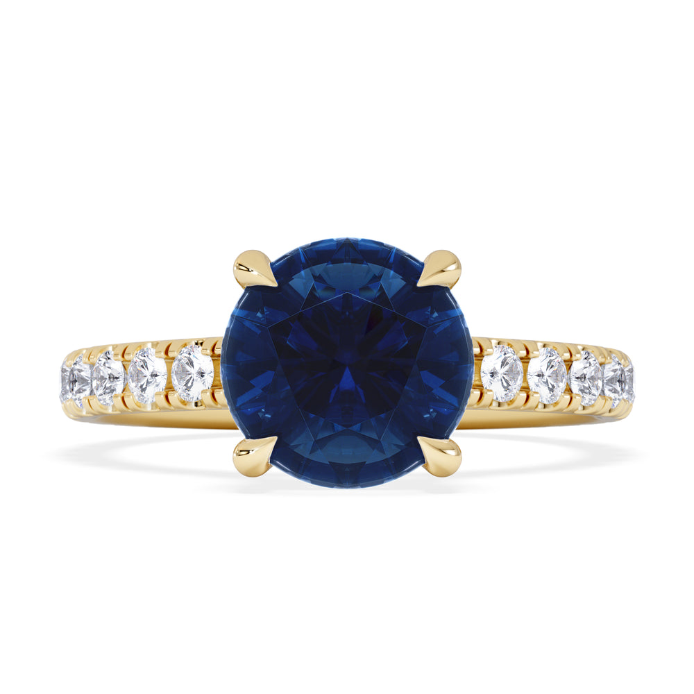 Amora Gem 2.00ct Round Cut Lab Sapphire Hidden Halo Engagement Ring in with Side Stones 18K Yellow Gold