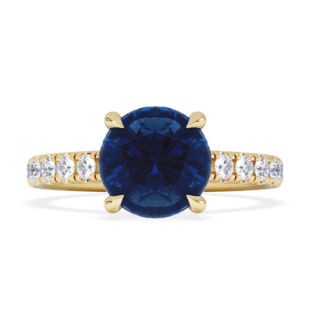 Amora Gem 2.00ct Round Cut Lab Sapphire Hidden Halo Engagement Ring in with Side Stones 18K Yellow Gold