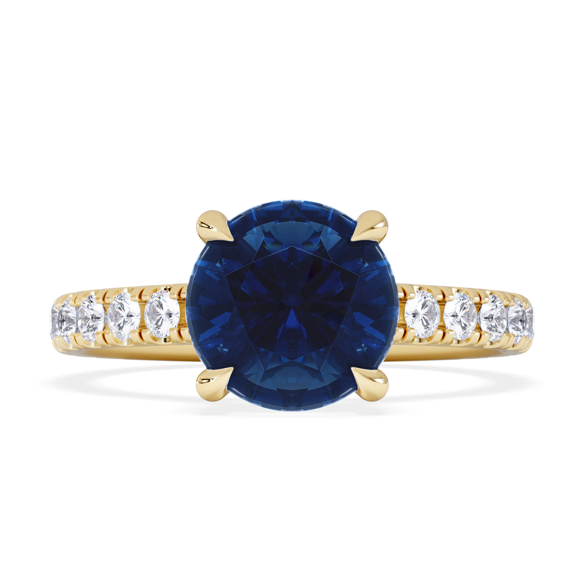 Amora Gem 2.00ct Round Cut Lab Sapphire Hidden Halo Engagement Ring in with Side Stones 18K Yellow Gold