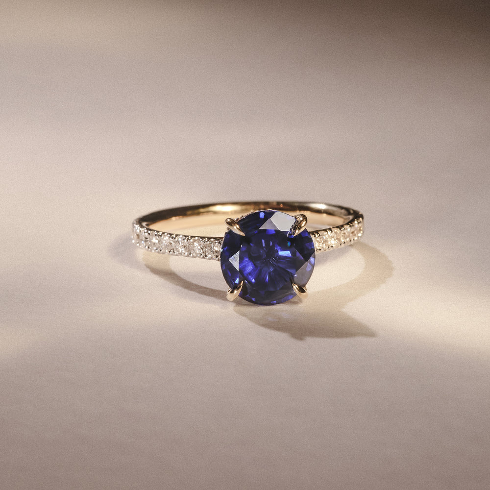 Amora Gem 2.00ct Round Cut Lab Sapphire Hidden Halo Engagement Ring in with Side Stones 18K Yellow Gold