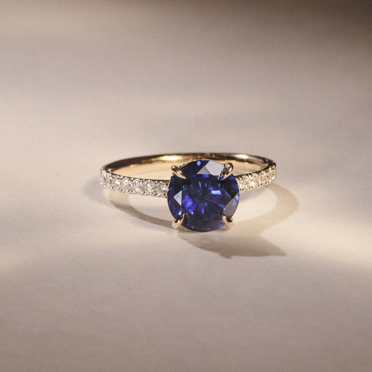 Amora Gem 2.00ct Round Cut Lab Sapphire Hidden Halo Engagement Ring in with Side Stones 18K Yellow Gold