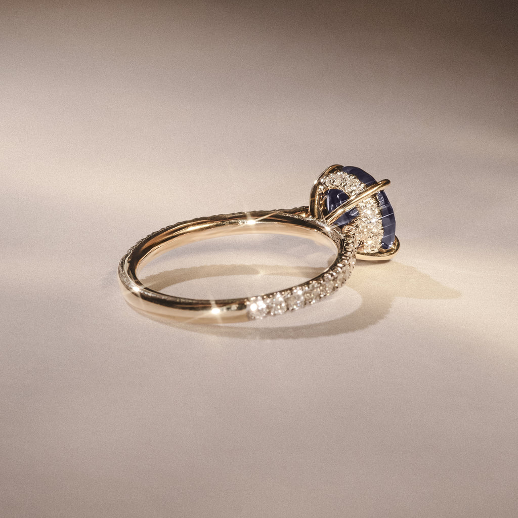 Amora Gem 2.00ct Round Cut Lab Sapphire Hidden Halo Engagement Ring in with Side Stones 18K Yellow Gold
