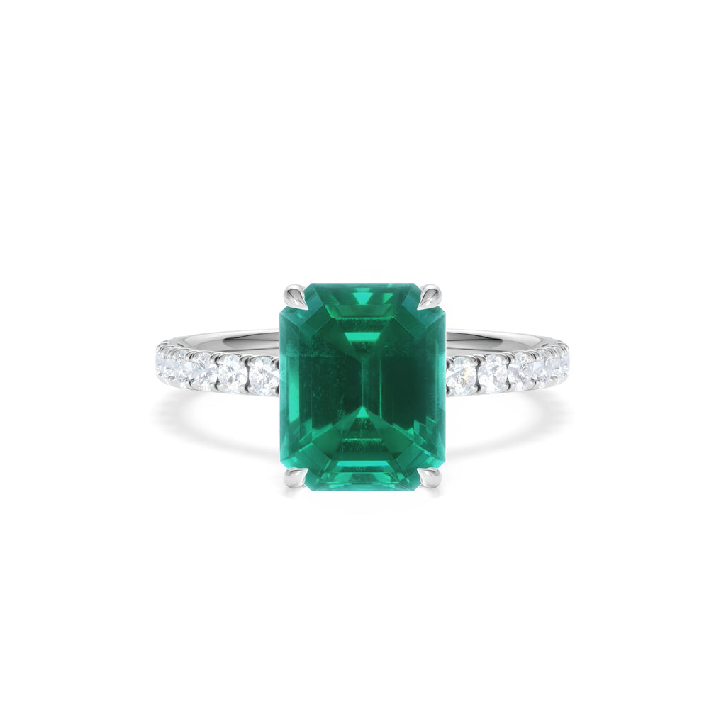 Amora 2.50ct Emerald Cut Lab Emerald Hidden Halo Engagement Ring with Side Stones in 18K White Gold