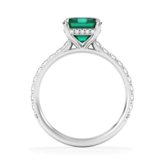 Amora Gem 2.50ct Emerald Cut Lab Emerald Hidden Halo Engagement Ring with Side Stones in 18K White Gold