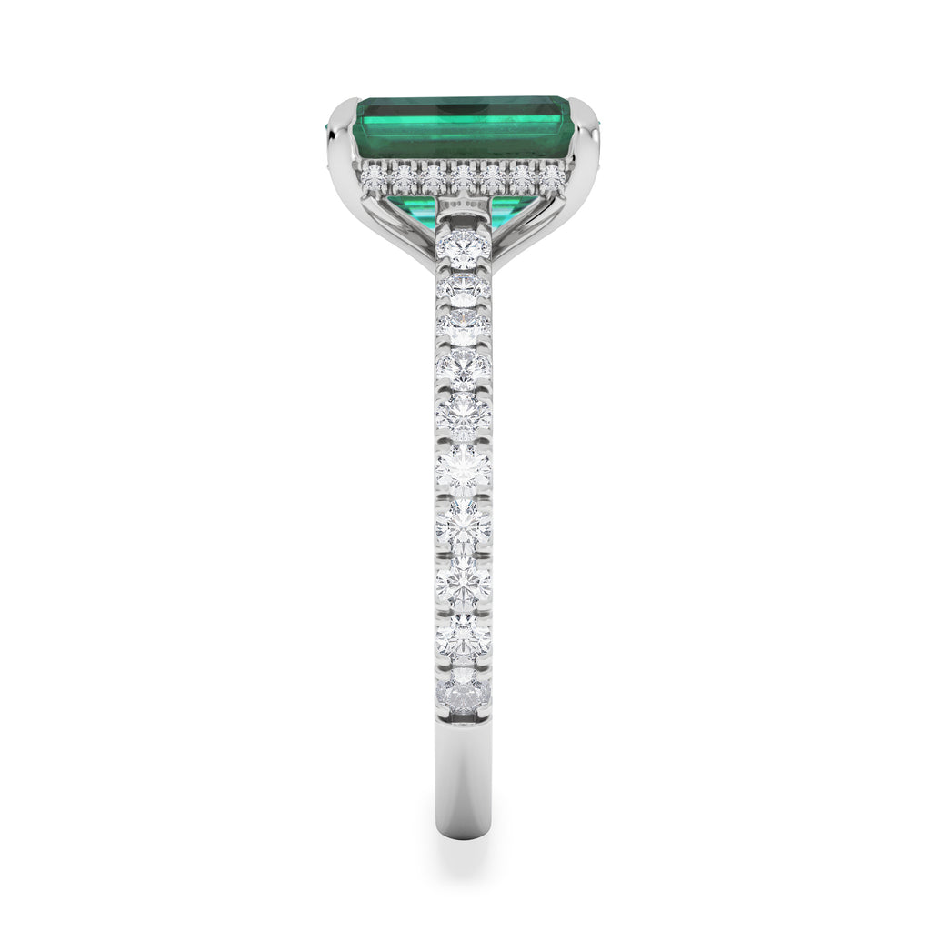 Amora Gem 2.50ct Emerald Cut Lab Emerald Hidden Halo Engagement Ring with Side Stones in 18K White Gold