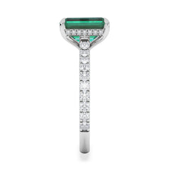Amora Gem 2.50ct Emerald Cut Lab Emerald Hidden Halo Engagement Ring with Side Stones in 18K White Gold