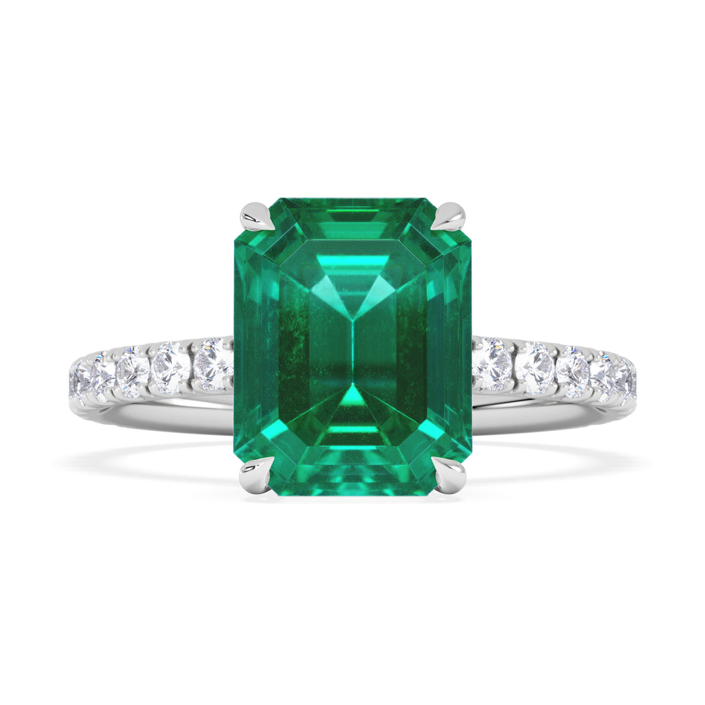 Amora Gem 2.50ct Emerald Cut Lab Emerald Hidden Halo Engagement Ring with Side Stones in 18K White Gold