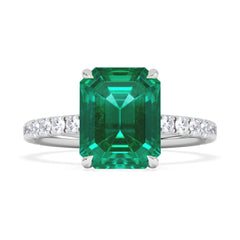 Amora Gem 2.50ct Emerald Cut Lab Emerald Hidden Halo Engagement Ring with Side Stones in 18K White Gold