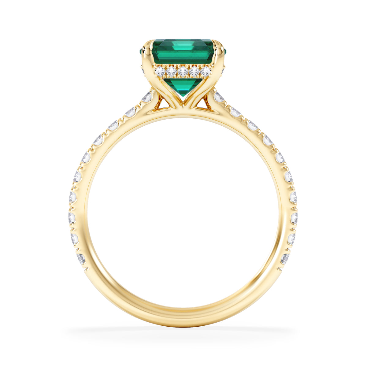 Amora Gem 2.00ct Emerald Cut Lab Emerald Hidden Halo Engagement Ring with Side Stones in 18K Yellow Gold
