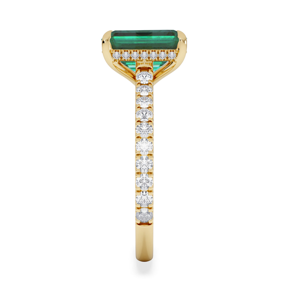 Amora Gem 2.00ct Emerald Cut Lab Emerald Hidden Halo Engagement Ring with Side Stones in 18K Yellow Gold