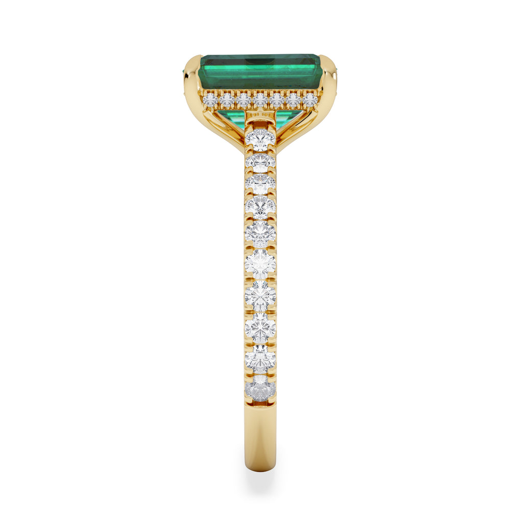 Amora Gem 2.00ct Emerald Cut Lab Emerald Hidden Halo Engagement Ring with Side Stones in 18K Yellow Gold