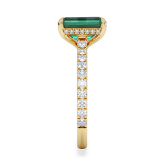 Amora Gem 2.00ct Emerald Cut Lab Emerald Hidden Halo Engagement Ring with Side Stones in 18K Yellow Gold