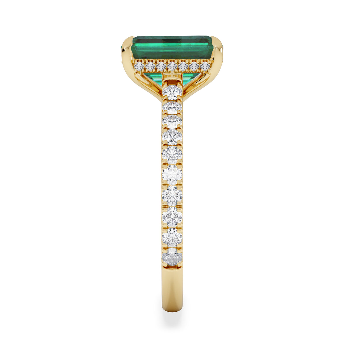 Amora Gem 2.00ct Emerald Cut Lab Emerald Hidden Halo Engagement Ring with Side Stones in 18K Yellow Gold
