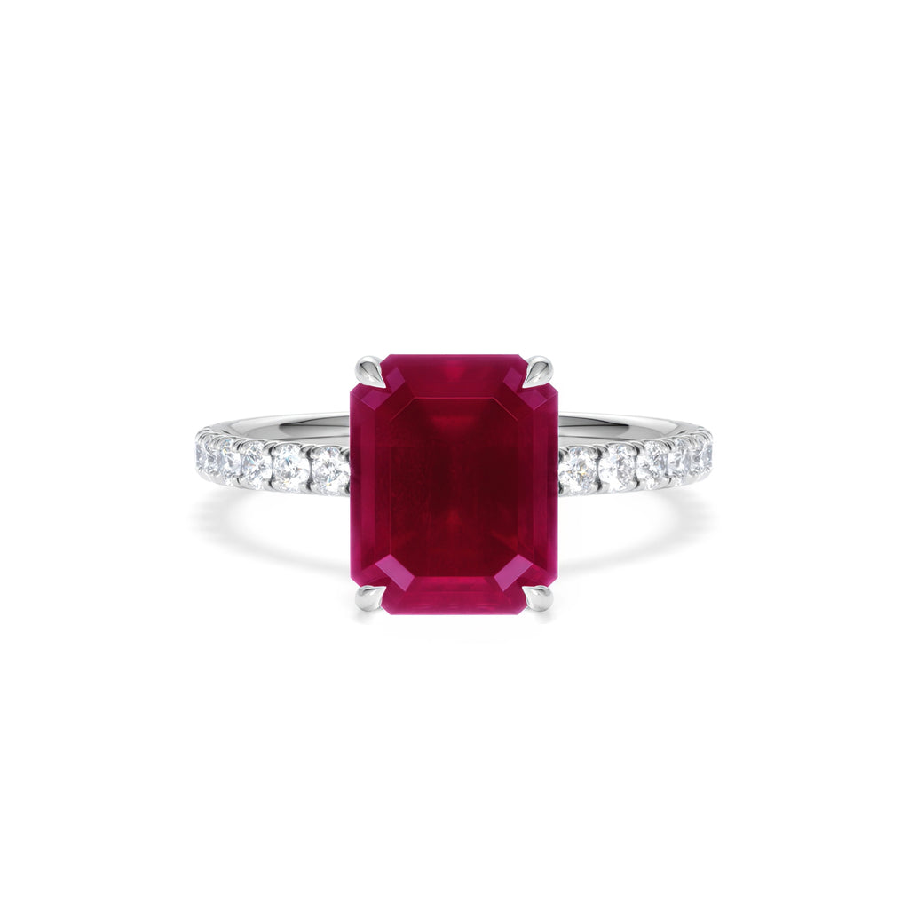 Amora 2.50ct Emerald Cut Lab Ruby Hidden Halo Engagement Ring with Side Stones in 18K White Gold