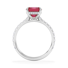 Amora Gem 2.50ct Emerald Cut Lab Ruby Hidden Halo Engagement Ring with Side Stones in 18K White Gold