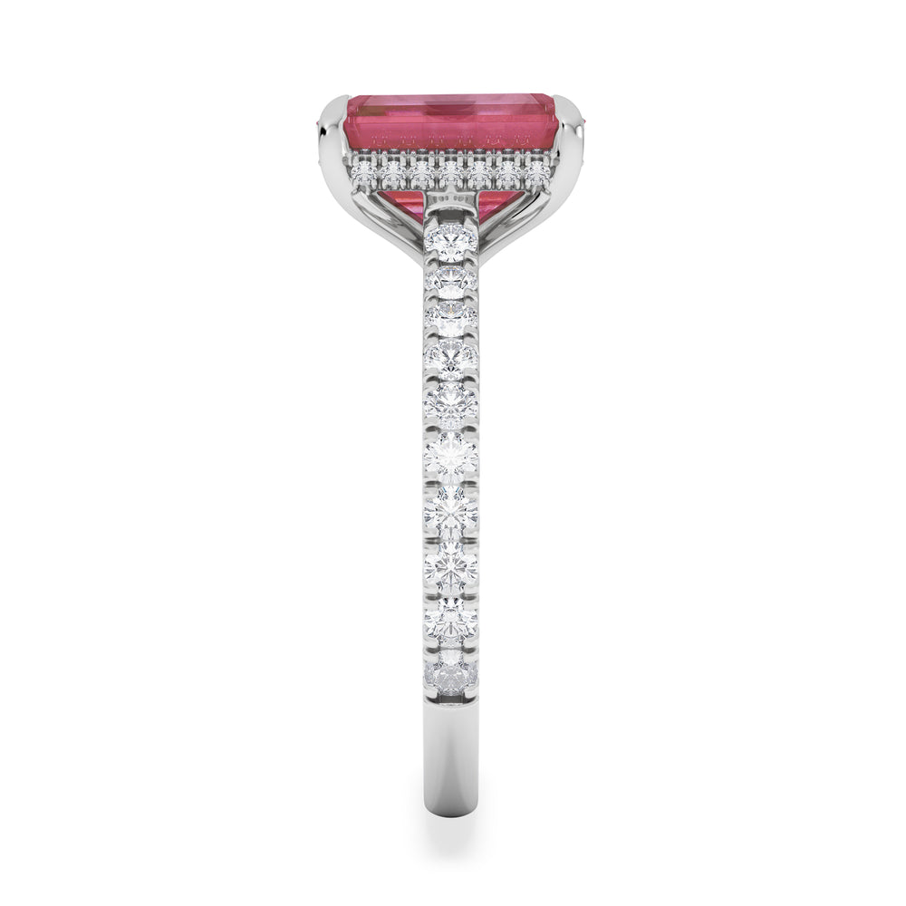 Amora Gem 2.50ct Emerald Cut Lab Ruby Hidden Halo Engagement Ring with Side Stones in 18K White Gold