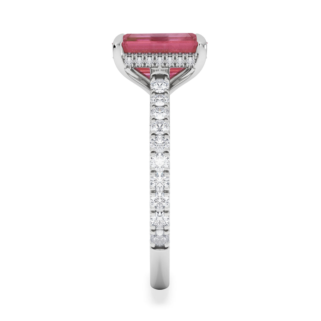 Amora Gem 2.50ct Emerald Cut Lab Ruby Hidden Halo Engagement Ring with Side Stones in 18K White Gold