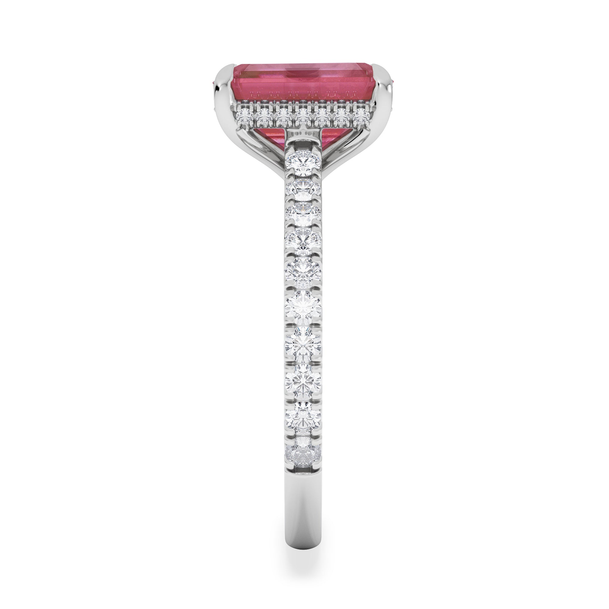 Amora Gem 2.50ct Emerald Cut Lab Ruby Hidden Halo Engagement Ring with Side Stones in 18K White Gold